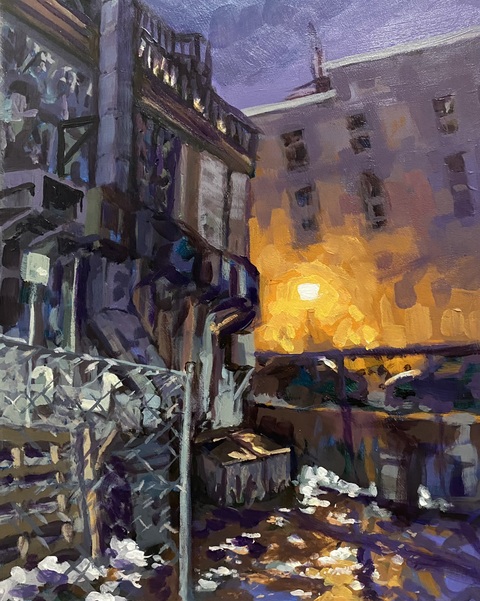 Back Alley, 12"x16", acrylic on wood panel. 2024.