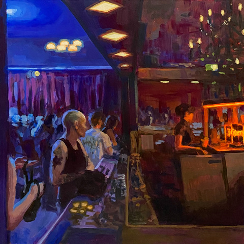 Corner of the Bar, 20"x20", acrylic on wood panel. 2024.