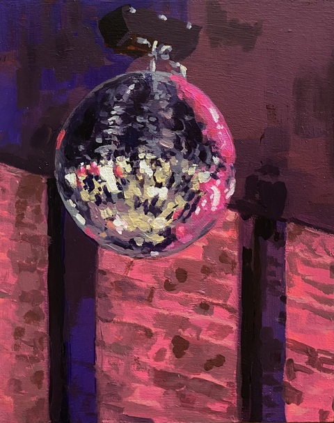 Hangs a little to the right, 8"x10", acrylic on wood panel. 2024.