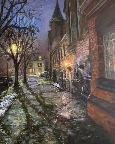 Tobin & Queen Street, (Ft Massey Church), 30"x40", acrylic on wood panel. 2024.