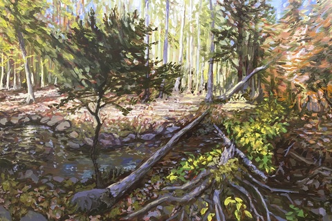 Crossing the Brook, (Bluff Trails), 24”x36”, acrylic on wood panel.