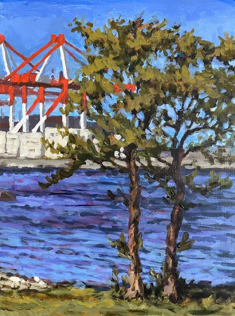 Evergreens & Container Pier, (Point Pleasant), 12”x16”, acrylic on wood panel.