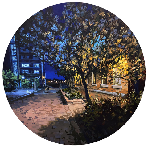 Blossoms at the Waterfront, 44"x44" round, acrylic on wood panel, 2023.