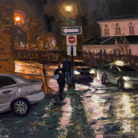 That misty, but not quite rainy night, (Prince and Argyle St), 20"x20" acrylic on wood panel, 2023.