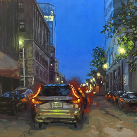 Traffic on Prince Street, 20"x20", acrylic on wood panel, 2023.