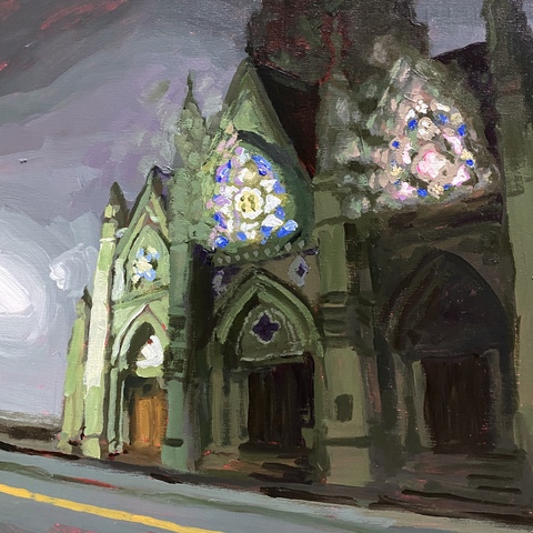 Cathedral, (Barrington and Spring Garden) 10x10, Acrylic on Wood panel, 2026. Jack Ross