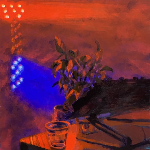 Plant at the DJ Booth, 12x12, Acrylic on Wood Panel, 2026. Jack Ross