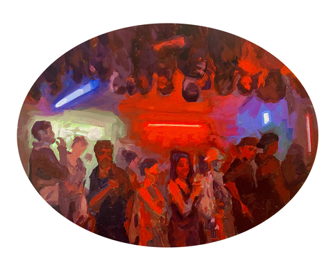 Two Crowds, 12x16 Oval, Acrylic on Wood Panel, 2026. Jack Ross