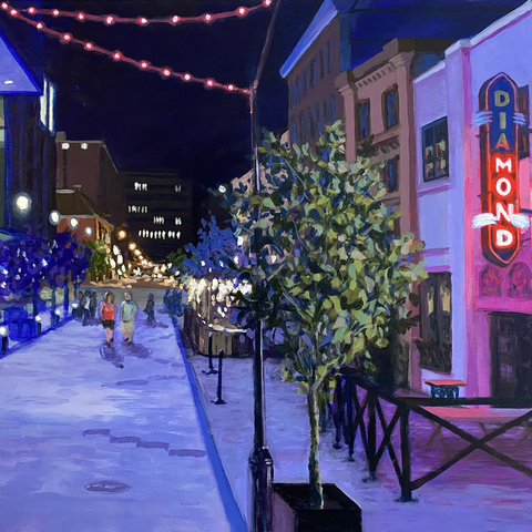 Argyle Street Nightlife, 24"x30", Acrylic on Wood Panel, 2022. Jack Ross.