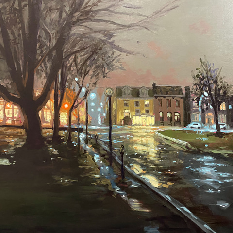 Bishop and Barrington Street, Rainy Night, 30"x40", Acrylic on Wood Panel, 2022. Jack Ross
